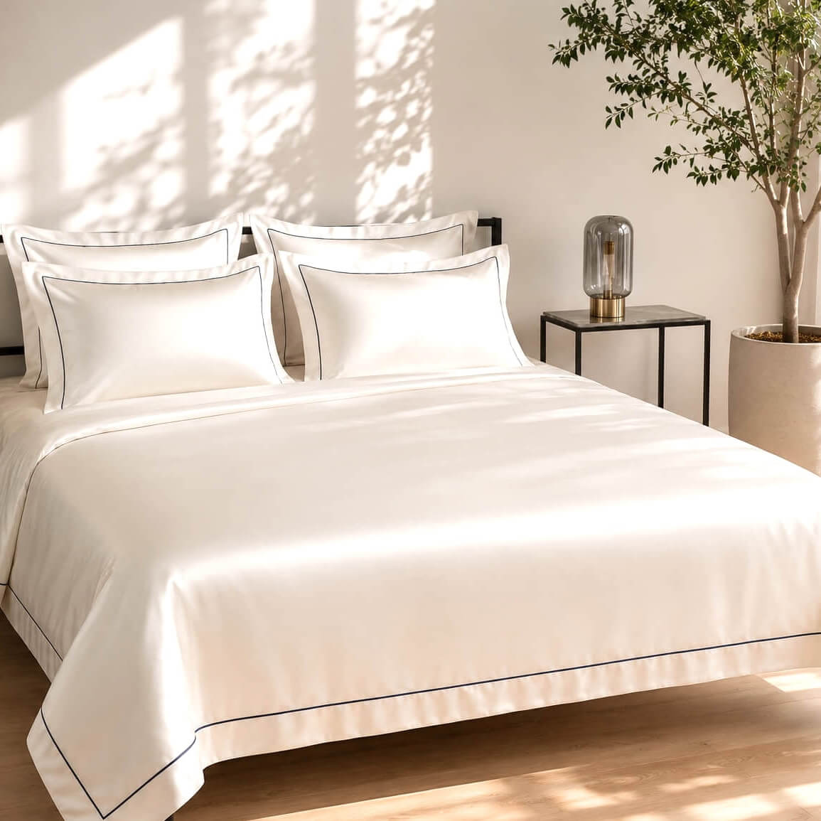 Completo lenzuola in seta Elegance con bordino blu - 22 momme